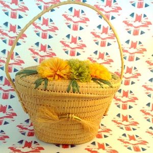 Vintage Coiled Straw Basket Tote